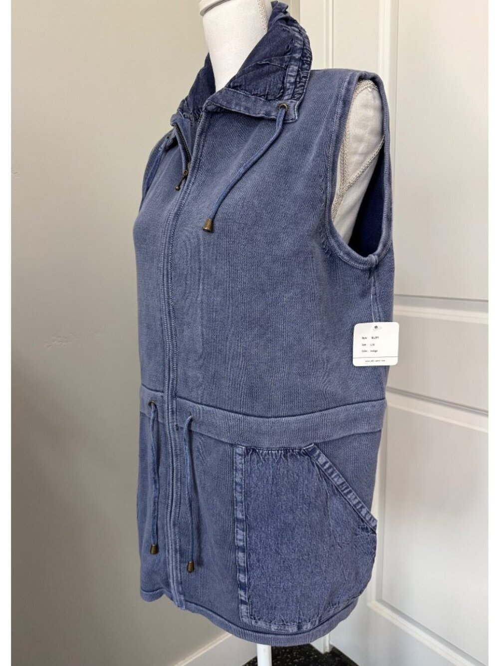 Blue Sleeveless Vest With Hood PBJ Blues L Casual Zip Front Drawstring Pocket - Picture 8 of 15